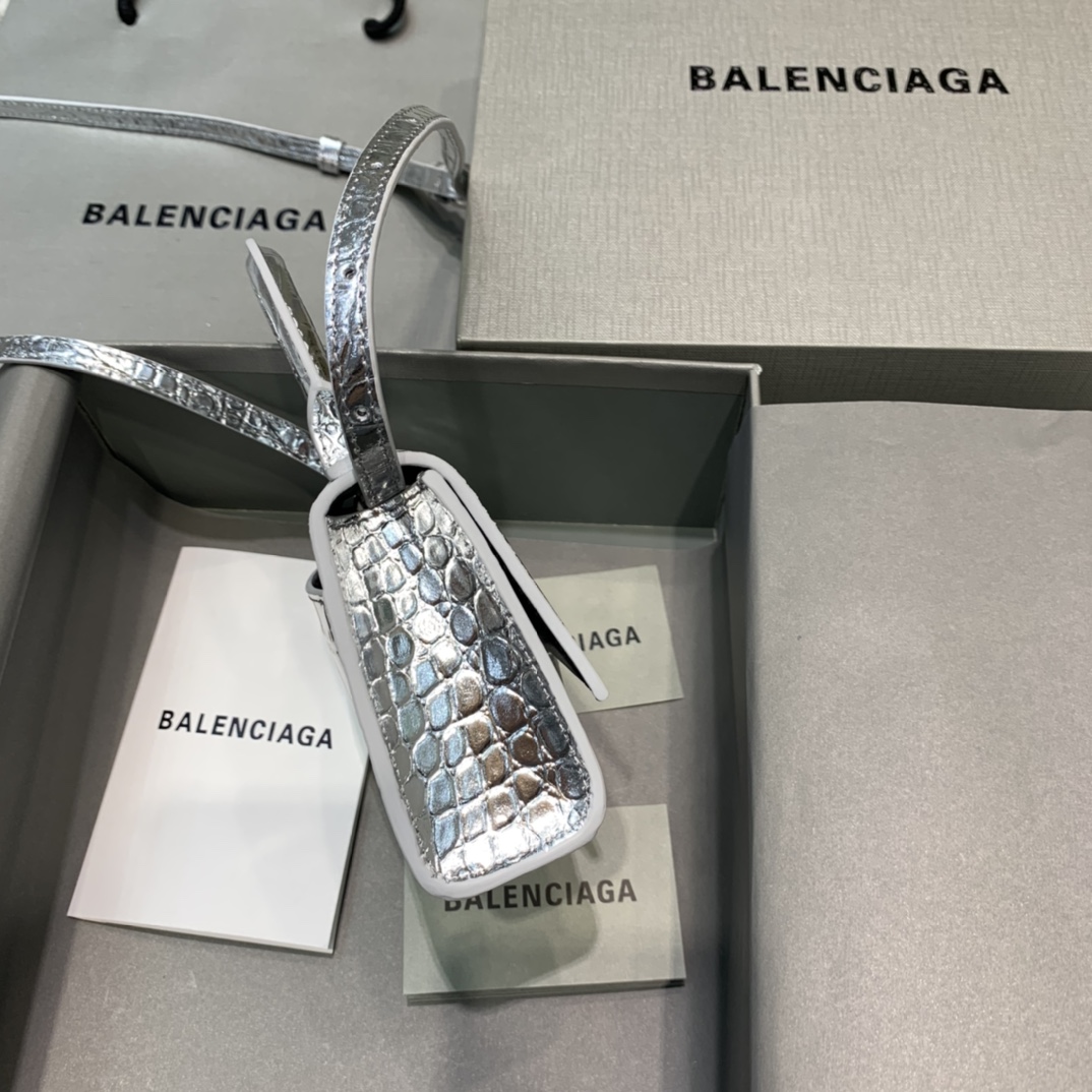 Balenciaga Hourglass Mini Handbag Crocodile Embossed Shoulder Bag Silver 